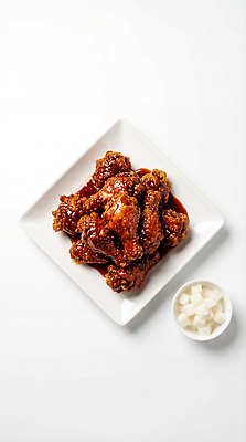 JPG 편집이미지 접시 음식 요리 치킨 양념치킨 소스 무 배송 외식 치킨무 편집실사 AI포토 AI콘텐츠 식기 뿌리채소 양념 CG 닭고기요리 파일형식 채소
