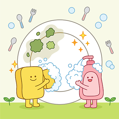 캐릭터 식기 일러스트 일상 물 귀여움 환경 주방 청결 거품 위생 씻기 세척 설거지 청소 세제 즐거움 비누 스펀지 위생관리 국내일러스트 AI파일 자연요소 감정 컨셉 가사 관리 라이프 위생용품 파일형식 벡터 생활용품 생활 오브젝트