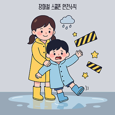 어린이 일러스트 날씨 안전 소녀 소년 걷기 비 보호 미끄러짐 등교 웅덩이 안전수칙 우비 장마 동생 넘어짐 누나 스쿨존 국내일러스트 AI파일 자연요소 옷 여자 남자 컨셉 가족 모션 사람 등하교 파일형식 벡터 관계
