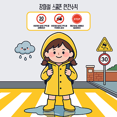 도로 길 어린이 교통 일러스트 경고 안전 소녀 노란색 비 보행자 횡단보도 교통사고 속도 신호 도로표지판 등교 안전수칙 우비 장마 스쿨존 어린이보호구역 주차금지 국내일러스트 AI파일 자연요소 옷 여자 컬러 교통시설 날씨 사람 금지 표지판 보행로 사건 등하교 보호구역 파일형식 벡터 알림판 시설 구역