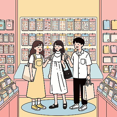 스티커 일러스트 놀이 문구용품 대화 선물 사람 장식 친구 쇼핑 상점 즐거움 문방구 소통 오프라인 국내일러스트 AI파일 감정 컨셉 관계 말하기 오브젝트 파일형식 벡터 모션