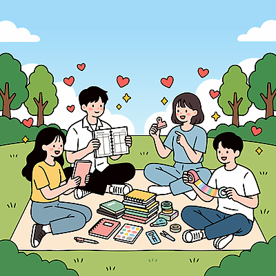 공원 종이 스티커 일러스트 놀이 문구용품 웃음 사람 취미 친구 만남 즐거움 만들기 소통 오프라인 국내일러스트 AI파일 공공시설 감정 컨셉 관계 모션 표정 오브젝트 파일형식 벡터 시설