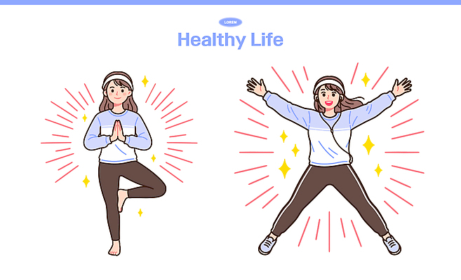 라이프스타일 웰빙 여자 행복 이어폰 신체 일러스트 요가 건강 일상 운동 헬스 스트레칭 힘 에너지 마음 머리띠 나무자세 국내일러스트 AI파일 감정 음향기기 장신구 사람 라이프 생활 요가자세 파일형식 벡터 포즈 전자제품