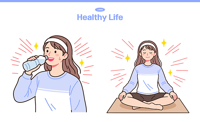 라이프스타일 웰빙 여자 신체 일러스트 휴식 스트레스 건강 일상 라이프 물 운동 헬스 에너지 마시기 마음 머리띠 균형 집중 명상 힐링 국내일러스트 AI파일 자연요소 컨셉 장신구 모션 사람 생활 파일형식 벡터
