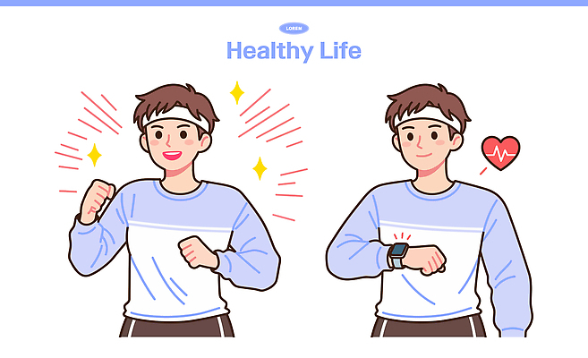 라이프스타일 남자 포즈 일러스트 건강 일상 라이프 스마트기기 운동복 운동 헬스 기계 머리띠 맥박 체크 웨어러블 국내일러스트 AI파일 옷 장신구 의학 사람 생활 전자제품 파일형식 벡터