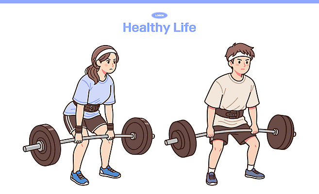 라이프스타일 여자 남자 일러스트 건강 운동복 운동 운동기구 헬스 헬스장 머리띠 역기 체육관 허리보호대 데드리프트 국내일러스트 AI파일 옷 장신구 사람 생활 보호장비 파일형식 벡터 운동자세 장비