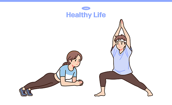 라이프스타일 여자 남자 다이어트 일러스트 요가 건강 운동복 운동 헬스 스트레칭 머리띠 웨이트트레이닝 균형 하체운동 전사자세 플랭크 국내일러스트 AI파일 웰빙 옷 포즈 장신구 사람 생활 파일형식 벡터