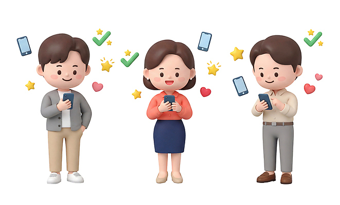PSD 편집이미지 캐릭터 여자 남자 행복 대화 웃음 사람 스마트폰 하트 소식 즐거움 확인 공유 소통 반응 정치 편집3D 모양 감정 컨셉 표정 말하기 핸드폰 스마트기기 3D 파일형식 모션 전자제품 디지털합성