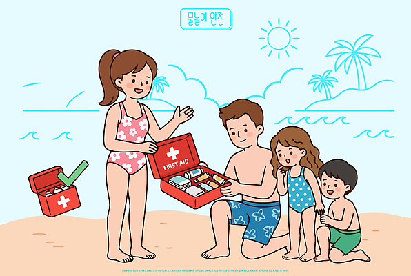 수영복 모래 바다 일러스트 가족 물놀이 놀이 건강 안전 해변 치료 여름 햇빛 즐거움 준비 응급치료 국내일러스트 AI파일 옷 계절 감정 의학 관계 빛 파일형식 벡터