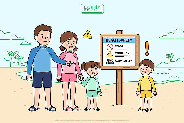 교육 어린이 바다 여행 일러스트 가족 물놀이 놀이 가족여행 경고 안전 해변 여름 모래사장 수영 즐거움 안전수칙 규칙 국내일러스트 AI파일 생존수영 계절 감정 관계 사람 수상스포츠 파일형식 벡터 스포츠