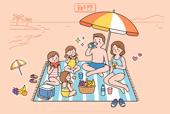 음료 음식 모래 과일 일러스트 가족 물놀이 엄마 웃음 안전 소녀 소년 취미 해변 바구니 아빠 더위 즐거움 나눔 오후 국내일러스트 AI파일 여자 남자 감정 어린이 바다 관계 놀이 날씨 표정 파일형식 벡터 사람