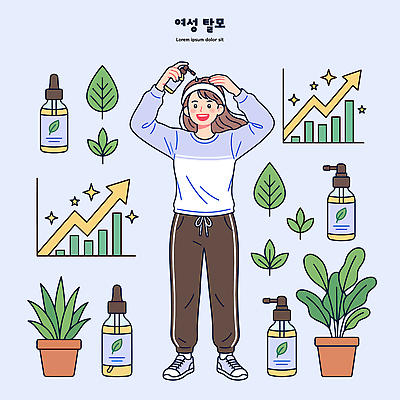 식물 여자 일러스트 그래프 건강 관리 치료 뷰티 머리카락 화장품 액체 상품 탈모 스타일 국내일러스트 AI파일 의학 사람 머리 증상 파일형식 벡터 신체부위