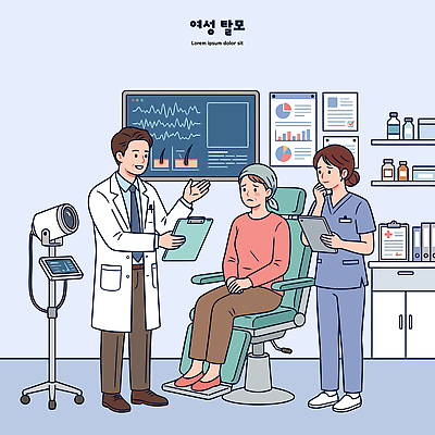 여자 일러스트 의학 의료기기 건강 병원 대화 치료 진료 환자 간호사 의사 검사 상담 건강검진 증상 진료실 탈모 국내일러스트 AI파일 말하기 사람 의료진 파일형식 벡터 직업 모션