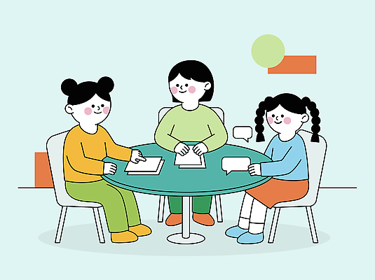 종이 어린이 일러스트 놀이 탁자 이야기 대화 사람 친구 학습 마을 모임 그룹 토론 의견 공동체 상호작용 국내일러스트 AI파일 교육 가구 관계 말하기 파일형식 벡터 생활용품 모션 오브젝트