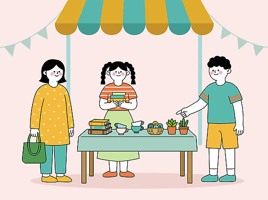 화분 일러스트 탁자 사람 여러명 책 친구 판매 마을 상점 전시 시장 오브젝트 소통 공동체 밝은색 국내일러스트 AI파일 가구 다수 컨셉 관계 파일형식 벡터 생활용품