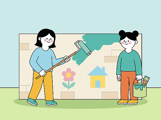 꽃 예술 일러스트 주택 사람 친구 마을 페인트 색칠 그리기 즐거움 벽화 그림 만들기 롤러 공동체 국내일러스트 AI파일 식물 감정 관계 모션 건물 파일형식 벡터 건축물 건축