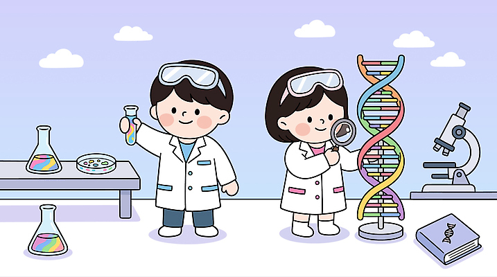어린이 과학 일러스트 현미경 실험기구 실험 소녀 소년 실험실 DNA 시험관 생물학 국내일러스트 AI파일 여자 교육 남자 사람 생명공학 파일형식 벡터 의학