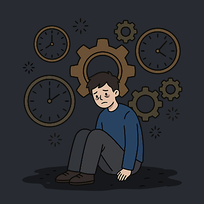 남자 시계 생각 일러스트 표정 피곤 앉기 어둠 기계 마음 불안 고민 상담 심리 무기력 치유 국내일러스트 AI파일 감정 컨셉 모션 사람 파일형식 벡터