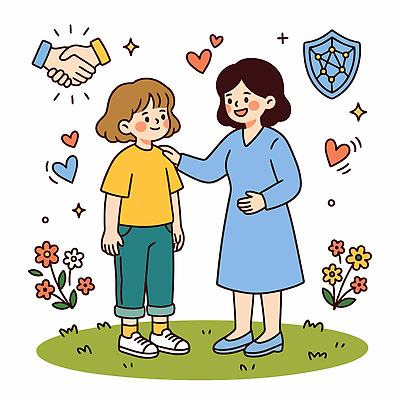 손 꽃 행복 어린이 일러스트 관계 엄마 대화 사랑 웃음 마음 연결 상담 소통 지원 치유 국내일러스트 AI파일 식물 감정 컨셉 가족 표정 말하기 사람 신체부위 파일형식 벡터 모션