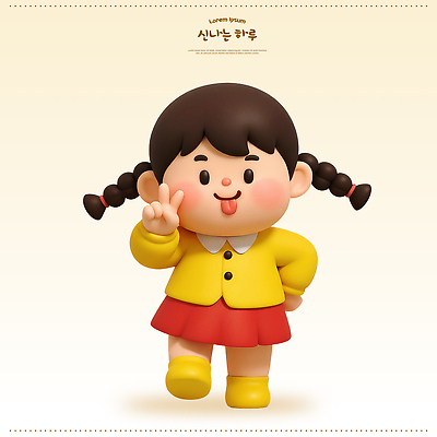 PSD 편집이미지 옷 어린이 표정 노란색 걷기 귀여움 브이 메롱 단순화된 동심 편집3D 컬러 컨셉 모션 사람 손짓 3D 파일형식 디지털합성