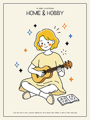 여자 음악 연주 일러스트 바닥 앉기 취미 우쿨렐레 악보 즐거움 그림 국내일러스트 AI파일 감정 모션 현악기 문화예술 사람 파일형식 벡터 악기