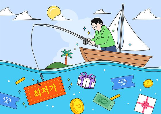 나무 남자 바다 섬 일러스트 자연 낚시 어류 풍경 취미 여름 태양 세일 배 혜택 캐시백 국내일러스트 AI파일 자연요소 식물 계절 레저 사람 금융 수중동물 생태계 파일형식 벡터 동물 경제