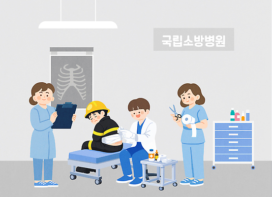 여자 남자 일러스트 의학 엑스레이 건강 병원 치료 진료 환자 간호사 의료진 의사 상처 소방관 붕대 붕대감기 응급실 응급치료 국내일러스트 AI파일 직업 사람 구조원 소방 감싸기 파일형식 벡터 모션