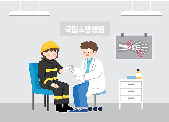 직업 여자 남자 일러스트 의학 건강 병원 치료 장비 환자 의사 상처 소방관 손목 붕대 붕대감기 응급치료 국내일러스트 AI파일 사람 신체부위 의료진 구조원 소방 감싸기 파일형식 벡터 모션