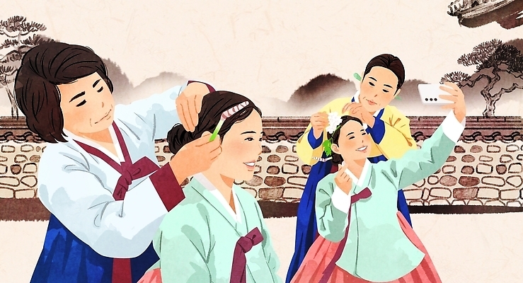 PSD 전통 문화 일러스트 놀이 기념 한국 여러명 친구 한복 셀프카메라 즐거움 준비 전통체험 단오 국내일러스트 한국전통 명절 감정 아시아 다수 관계 사람 사진촬영 체험 전통의상 파일형식 기념일 나라 컨셉 촬영 이벤트