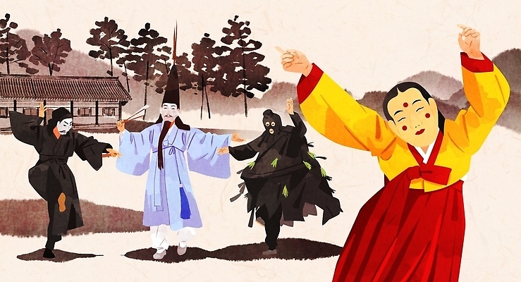 PSD 나무 전통 옷 여자 남자 전통문화 예술 음악 일러스트 한국 여러명 축제 공연 무대 춤 한복 즐거움 탈춤 각시탈 단오 국내일러스트 식물 한국전통 명절 감정 아시아 문화 다수 문화예술 사람 이벤트 전통의상 전통공연 전통무용 탈 파일형식 기념일 나라 가면
