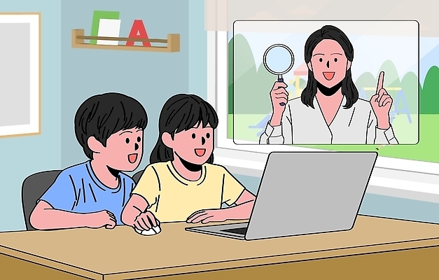 여자 교육 남자 어린이 인터넷 일러스트 수업 대화 친구 학습 컴퓨터 디지털 스크린 강사 질문 연령 집중 소통 온라인강의 국내일러스트 AI파일 직업 컨셉 관계 말하기 사람 전자제품 강의 파일형식 벡터 언택트 모션