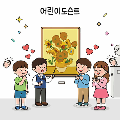 교육 감정 어린이 예술 일러스트 해바라기 대화 설명 손짓 친구 학습 감상 모임 미술관 호기심 그림 관람 반응 흥미 큐레이터 국내일러스트 AI파일 직업 꽃 컨셉 관계 모션 말하기 사람 파일형식 벡터 식물