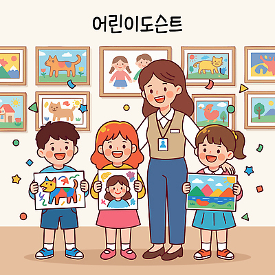 캐릭터 교육 행복 어린이 예술 일러스트 미소 교사 공간 발표 그리기 전시회 그림 작품 시민 참여 큐레이터 국내일러스트 AI파일 직업 감정 모션 표정 미술 사람 전시 국민 파일형식 벡터 문화예술