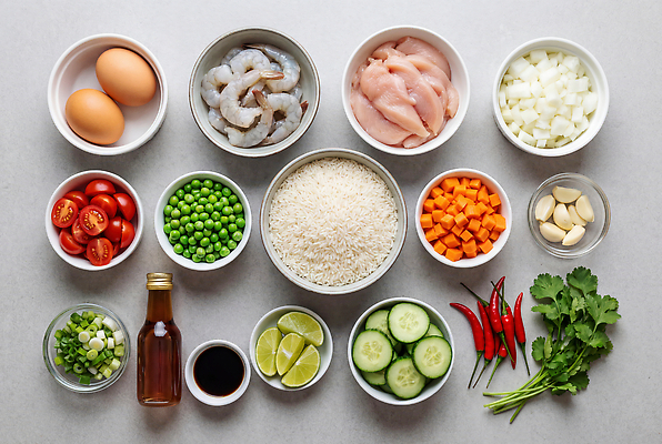JPG 편집이미지 토마토 채소 재료 양파 오이 새우 마늘 요리 계란 닭고기 당근 쌀 해산물 완두콩 라임 볶음밥 태국음식 편집실사 AI포토 AI콘텐츠 음식 과일 콩 곡류 뿌리채소 육류 갑각류 알 CG 동양음식 파일형식 동물 식재료