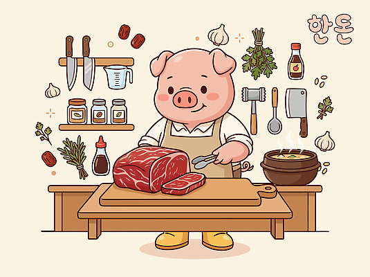 일러스트 식재료 주방용품 선반 돼지고기 요리 주방 요리사 식사 도구 돼지 칼 향신료 레시피 국산 식사준비 국내일러스트 AI파일 직업 가구 생활용품 포유류 육류 준비 향미료 파일형식 벡터 동물 양념 오브젝트