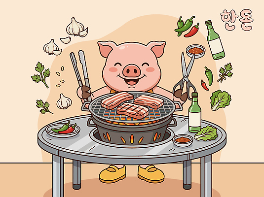 캐릭터 음식 채소 일러스트 재료 탁자 돼지고기 요리 돼지 소스 그릴 굽기 국산 맛있는 국내일러스트 AI파일 가구 포유류 주방용품 육류 양념 구이 파일형식 벡터 동물 생활용품 식재료 오브젝트