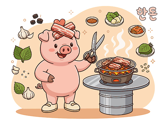 한식 일러스트 재료 주방용품 불 가위 돼지고기 요리 주방 돼지 연기 바비큐 즐거움 삼겹살 국산 고기구이 국내일러스트 AI파일 자연요소 감정 음식 생활용품 포유류 문구용품 육류 구이 파일형식 벡터 동물 식재료 오브젝트