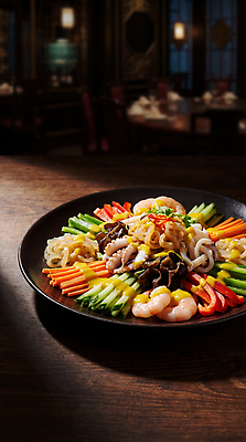 JPG 편집이미지 접시 음식 채소 요리 중식 식당 맛 해산물 양장피 편집실사 AI포토 AI콘텐츠 식기 컨셉 상점 CG 파일형식