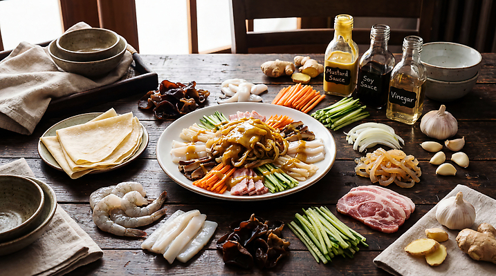 JPG 편집이미지 채소 재료 탁자 육류 요리 중식 식사 소스 맛 해산물 준비 밀전병 양장피 편집실사 AI포토 AI콘텐츠 음식 가구 컨셉 식재료 양념 CG 파일형식 생활용품 오브젝트