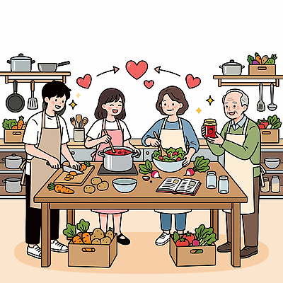 여자 남자 행복 채소 일러스트 재료 가족 탁자 함께함 요리 웃음 농작물 주방 샐러드 만들기 손질 딸기잼 요리책 못생김 국내일러스트 AI파일 감정 음식 가구 컨셉 농업 관계 모션 표정 사람 책 잼 파일형식 벡터 산업 생활용품 소스 양념 오브젝트