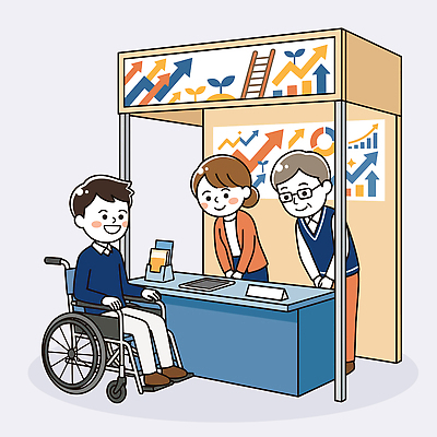 여자 남자 일러스트 그래프 대화 성인 정보 구직 인사 장애인 서비스 휠체어 상담 부스 서류판 지원 장애인취업 국내일러스트 AI파일 컨셉 비즈니스 말하기 사람 사무용품 예절 장애 파일형식 벡터 모션 문구용품 오브젝트