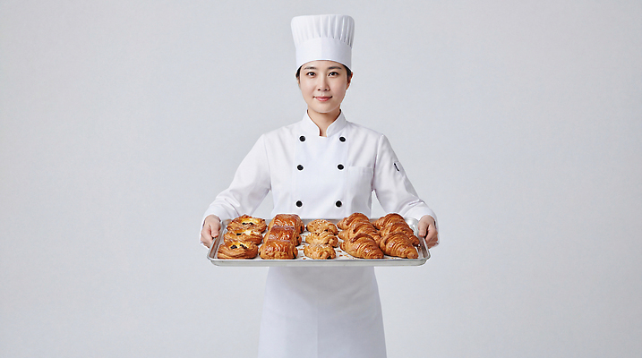 JPG 편집이미지 여자 음식 빵 유니폼 디저트 쟁반 요리 제과 요리사 크루아상 제빵 제빵사 페스츄리 의료성형뷰티 편집실사 AI인물포토 AI콘텐츠 직업 옷 사람 제과제빵 CG 파일형식 AI포토