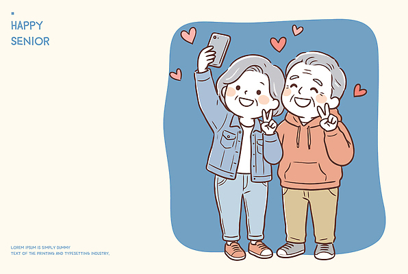 커플 옷 여자 할아버지 노년 남자 행복 감정 할머니 포즈 일러스트 표정 사랑 웃음 사람 일상 핸드폰 노부부 셀프카메라 즐거움 국내일러스트 AI파일 부부 관계 성인 라이프 전자제품 사진촬영 파일형식 벡터 생활 촬영