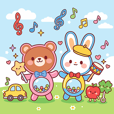 동물 캐릭터 별 음악 인형 과일 일러스트 노래 곰 하늘 웃음 장식 장난감 춤 토끼 국내일러스트 AI파일 자연요소 포유류 문화예술 표정 반려동물 파일형식 벡터