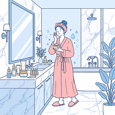 식물 여자 얼굴 하늘색 일러스트 조명 슬리퍼 일상 뷰티 깨끗함 화장품 거울 욕실 가운 상품 편안함 피부관리 화장대 스킨케어 국내일러스트 AI파일 옷 가구 신발 컨셉 사람 라이프 신체부위 파란색 감각 파일형식 벡터 컬러 생활용품 생활 오브젝트