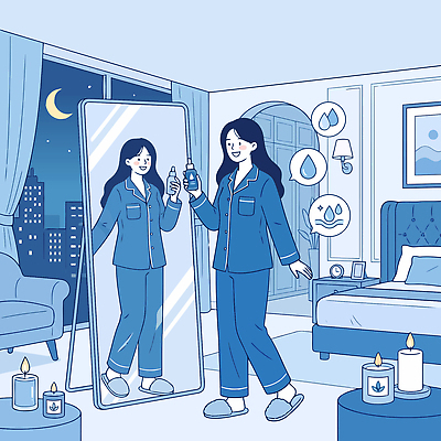 여자 하늘색 일러스트 촛불 관리 일상 생활 빛 화장 뷰티 거울 방 도시 잠 밤 수분 피부관리 스킨케어 피지 국내일러스트 AI파일 초 사람 라이프 파란색 피부 파일형식 벡터 컬러 신체부위