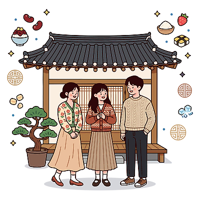 나무 전통 여자 남자 음식 상징 일러스트 가족 주택 한국 이야기 미소 친구 전통문양 정원 모임 분위기 팥빙수 소통 국내일러스트 AI파일 식물 문양 아시아 컨셉 관계 표정 사람 건물 빙수 파일형식 벡터 건축물 나라 디저트 건축