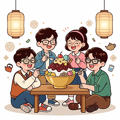 전통 그릇 여자 남자 일러스트 탁자 디저트 조명 대화 웃음 여름 친구 전통문양 모임 먹기 즐거움 토핑 빙수 팥빙수 국내일러스트 AI파일 문양 식기 계절 감정 음식 가구 관계 모션 표정 말하기 사람 파일형식 벡터 생활용품 오브젝트