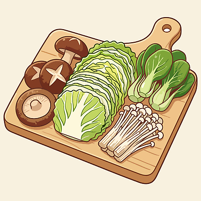 음식 채소 일러스트 식재료 재료 요리 농작물 식사 버섯 신선 맛 배추 청경채 팽이버섯 샤브샤브 건강식 나무도마 다듬기 식사준비 국내일러스트 AI파일 컨셉 농업 모션 도마 목재 준비 파일형식 벡터 나무 산업 주방용품 식물 생활용품 오브젝트