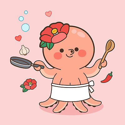 캐릭터 꽃 음식 일러스트 재료 요리 웃음 요리사 팬 프라이팬 해산물 즐거움 주꾸미 쭈꾸미캐릭터 국내일러스트 AI파일 식물 직업 감정 주방용품 연체동물 표정 수중동물 파일형식 벡터 동물 생활용품 무척추동물 오브젝트